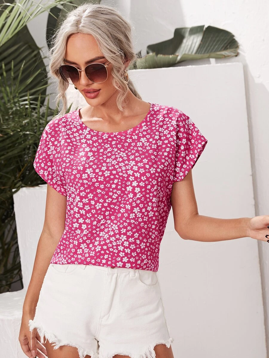 SHEIN VCAY Batwing Sleeve Ditsy Floral Top - Hot Pink - View 1