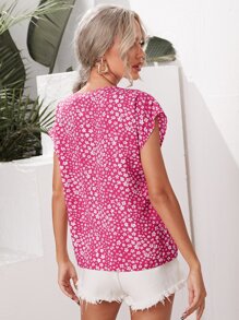 SHEIN VCAY Batwing Sleeve Ditsy Floral Top - Hot Pink - View 2