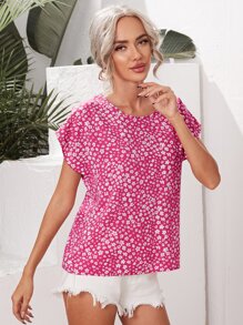 SHEIN VCAY Batwing Sleeve Ditsy Floral Top - Hot Pink - View 5