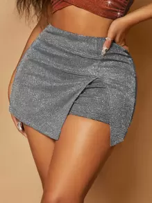 SHEIN SXY High Waist Asymmetrical Hem Glitter Skort - Silver - View 1