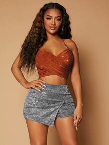 SHEIN SXY High Waist Asymmetrical Hem Glitter Skort - Silver - View 4