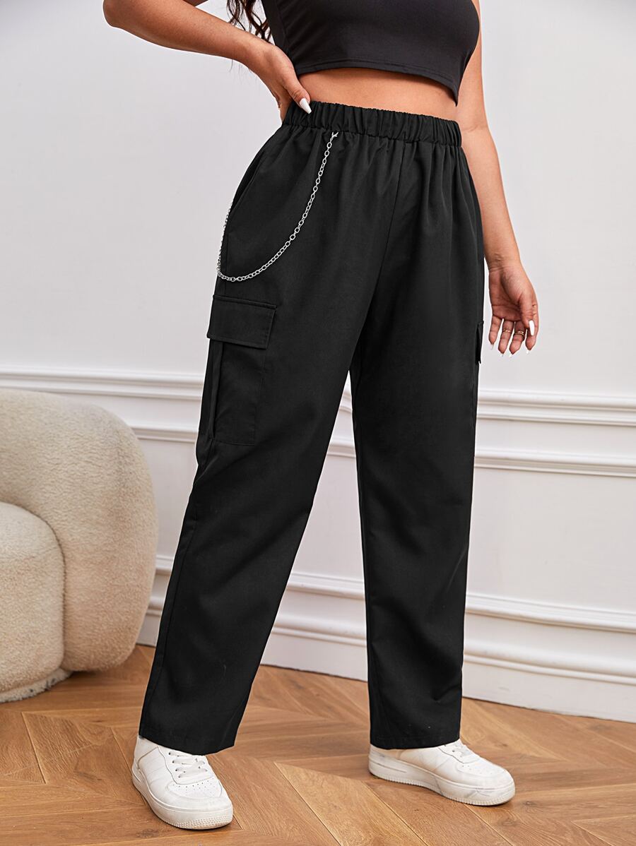 SHEIN EZwear Plus Chain Detail Cargo Trousers - Black - View 1