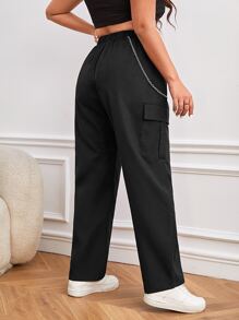 SHEIN EZwear Plus Chain Detail Cargo Trousers - Black - View 2