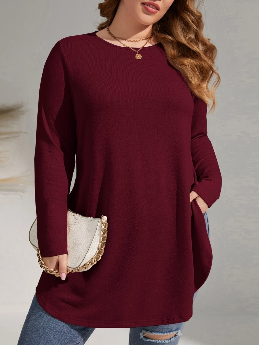 SHEIN LUNE Plus Solid Curved Hem Tee - Burgundy - View 1