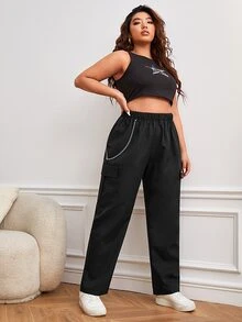 SHEIN EZwear Plus Chain Detail Cargo Trousers - Black - View 3
