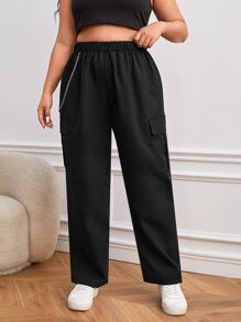 SHEIN EZwear Plus Chain Detail Cargo Trousers - Black - View 4