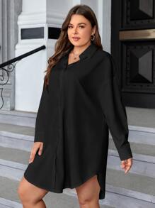 SHEIN Essnce Plus Drop Shoulder Curved Hem Shirt Dress Without Belt - Black - View 3