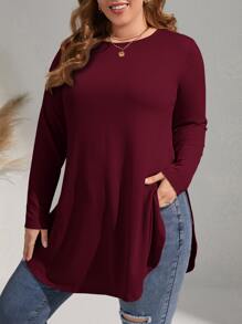 SHEIN LUNE Plus Solid Curved Hem Tee - Burgundy - View 3