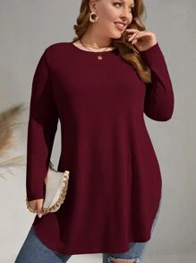 SHEIN LUNE Plus Solid Curved Hem Tee - Burgundy - View 4