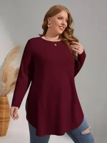 SHEIN LUNE Plus Solid Curved Hem Tee - Burgundy - View 5