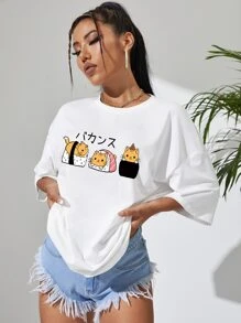 INAWLY 日本字元和卡通圖案落肩T恤 - 白色 - 查看 5