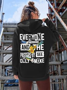 SHEIN EZwear Sunflower And Slogan Graphic Drop Shoulder Drawstring Hoodie - Black - View 1