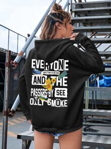 SHEIN EZwear Sunflower And Slogan Graphic Drop Shoulder Drawstring Hoodie - Black - View 3