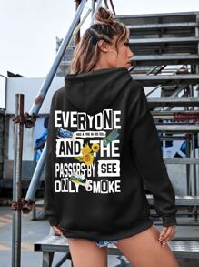 SHEIN EZwear Sunflower And Slogan Graphic Drop Shoulder Drawstring Hoodie - Black - View 5