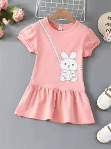 小女童卡通圖案荷葉邊娃娃裙