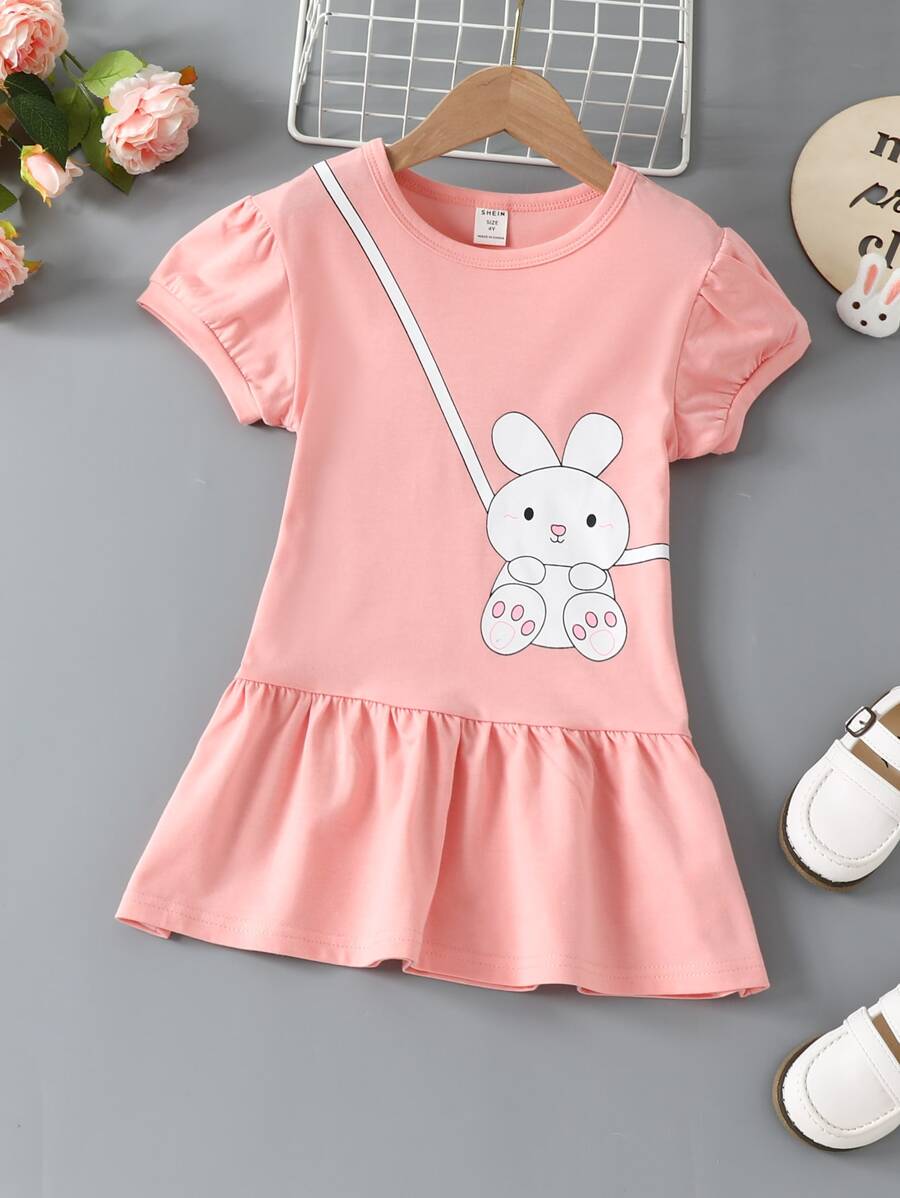 小女童卡通圖案荷葉邊娃娃裙