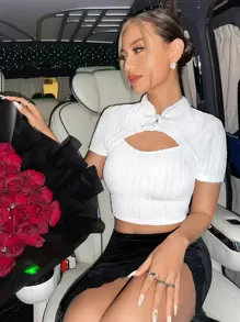 SHEIN ICON Mandarin Collar Cut Out Crop Tee - White - View 1