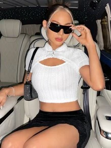 SHEIN ICON Mandarin Collar Cut Out Crop Tee - White - View 5