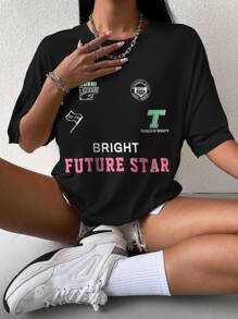 StreetHx 字母图案落肩 T 恤 图案 T 恤 女式上衣 - 黑色 - 查看 1