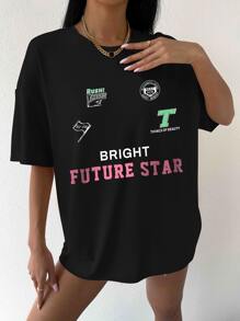 StreetHx 字母图案落肩 T 恤 图案 T 恤 女式上衣 - 黑色 - 查看 4