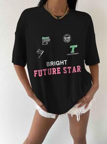 StreetHx 字母图案落肩 T 恤 图案 T 恤 女式上衣 - 黑色 - 查看 5