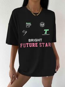 StreetHx 字母图案落肩 T 恤 图案 T 恤 女式上衣 - 黑色 - 查看 3