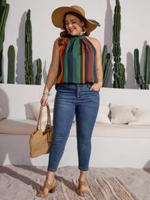 SHEIN Clasi 大碼條紋印花繞頸襯衫 - 綠色 - 查看 5