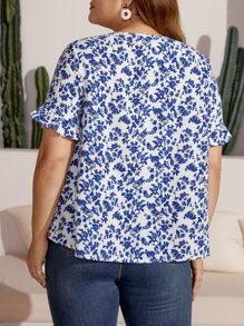 SHEIN VCAY 大碼印花流蘇繫帶領荷葉袖襯衫 - 藍白色 - 查看 2