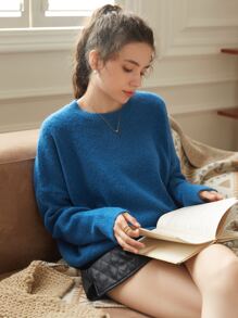 Knit Mix Fluffy Knit Drop Shoulder Jumper - Blue - View 1