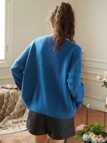 Knit Mix Fluffy Knit Drop Shoulder Jumper - Blue - View 2