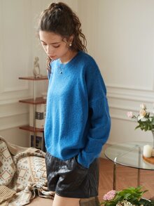 Knit Mix Fluffy Knit Drop Shoulder Jumper - Blue - View 6