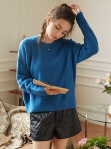 Knit Mix Fluffy Knit Drop Shoulder Jumper - Blue - View 7