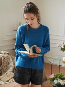 Knit Mix Fluffy Knit Drop Shoulder Jumper - Blue - View 5