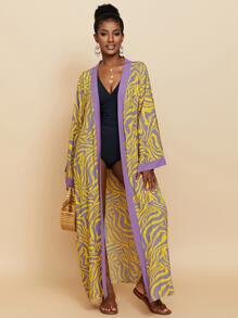 Allover Print Contrast Trim Open Front Kimono Lounge Wear Dress Vacation