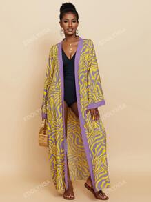 Allover Print Contrast Trim Open Front Kimono Lounge Wear Dress Vacation