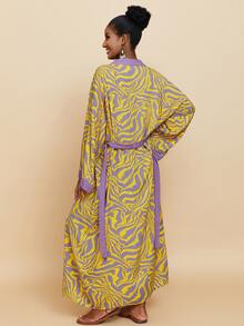 Allover Print Contrast Trim Open Front Kimono Lounge Wear Dress Vacation