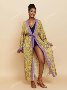 Allover Print Contrast Trim Open Front Kimono Lounge Wear Dress Vacation