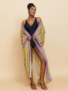 Allover Print Contrast Trim Open Front Kimono Lounge Wear Dress Vacation