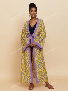 Allover Print Contrast Trim Open Front Kimono Lounge Wear Dress Vacation