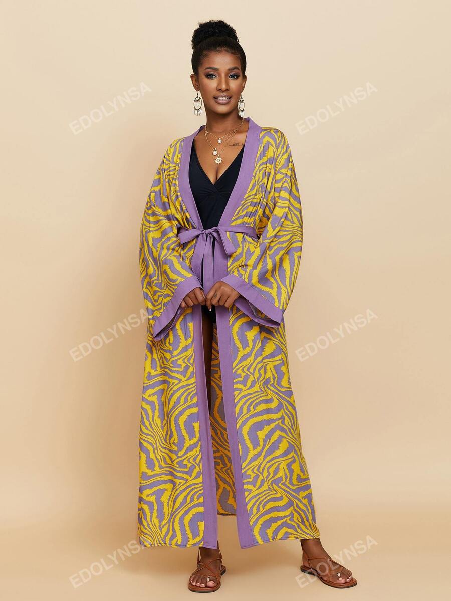 Allover Print Contrast Trim Open Front Kimono Lounge Wear Dress Vacation