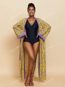 Allover Print Contrast Trim Open Front Kimono Lounge Wear Dress Vacation