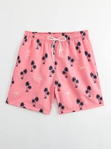Manfinity Hombres Shorts de natación árbol de coco & con estampado de flamenco - Rosa - Ver 4
