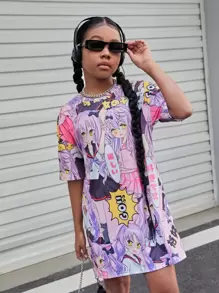 SHEIN Girls Letter & Figure Graphic Drop Shoulder Tee Dress - Multicolor - View 1