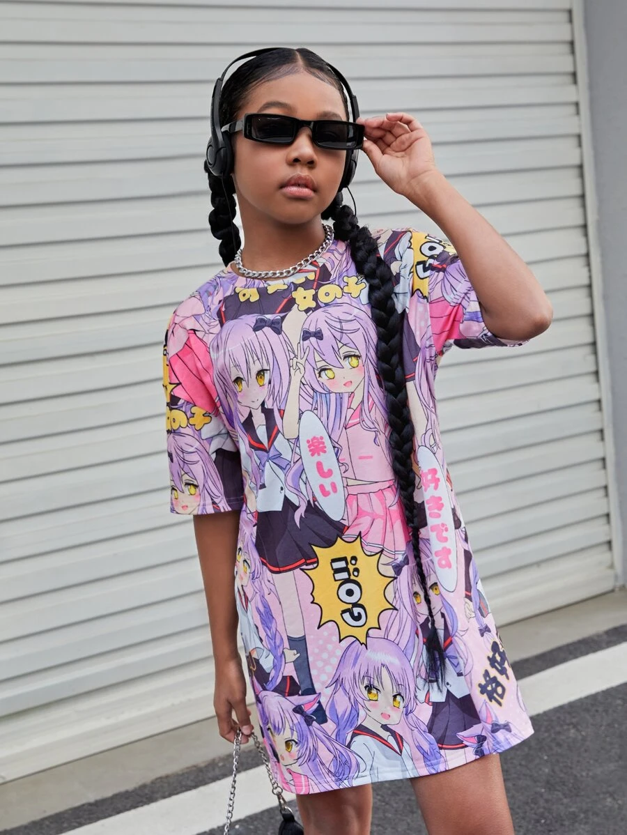 SHEIN Girls Letter & Figure Graphic Drop Shoulder Tee Dress - Multicolor - View 1