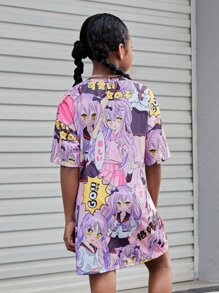 SHEIN Girls Letter & Figure Graphic Drop Shoulder Tee Dress - Multicolor - View 2