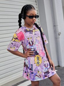 SHEIN Girls Letter & Figure Graphic Drop Shoulder Tee Dress - Multicolor - View 3