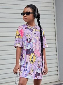 SHEIN Girls Letter & Figure Graphic Drop Shoulder Tee Dress - Multicolor - View 4