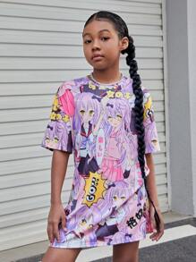 SHEIN Girls Letter & Figure Graphic Drop Shoulder Tee Dress - Multicolor - View 6
