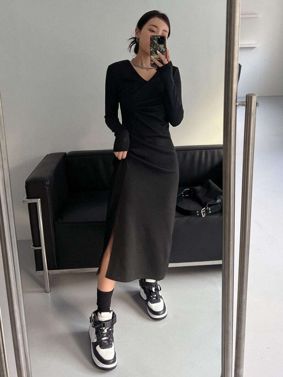 DAZY Solid Split Thigh Dress - Black - View 1