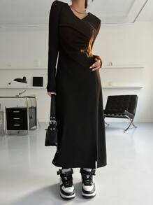 DAZY Solid Split Thigh Dress - Black - View 3